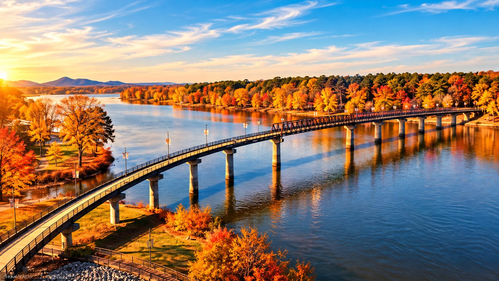 Autumn trees glowing gold and red along the river, with the pedestrian bridge crossing the water at sunrise